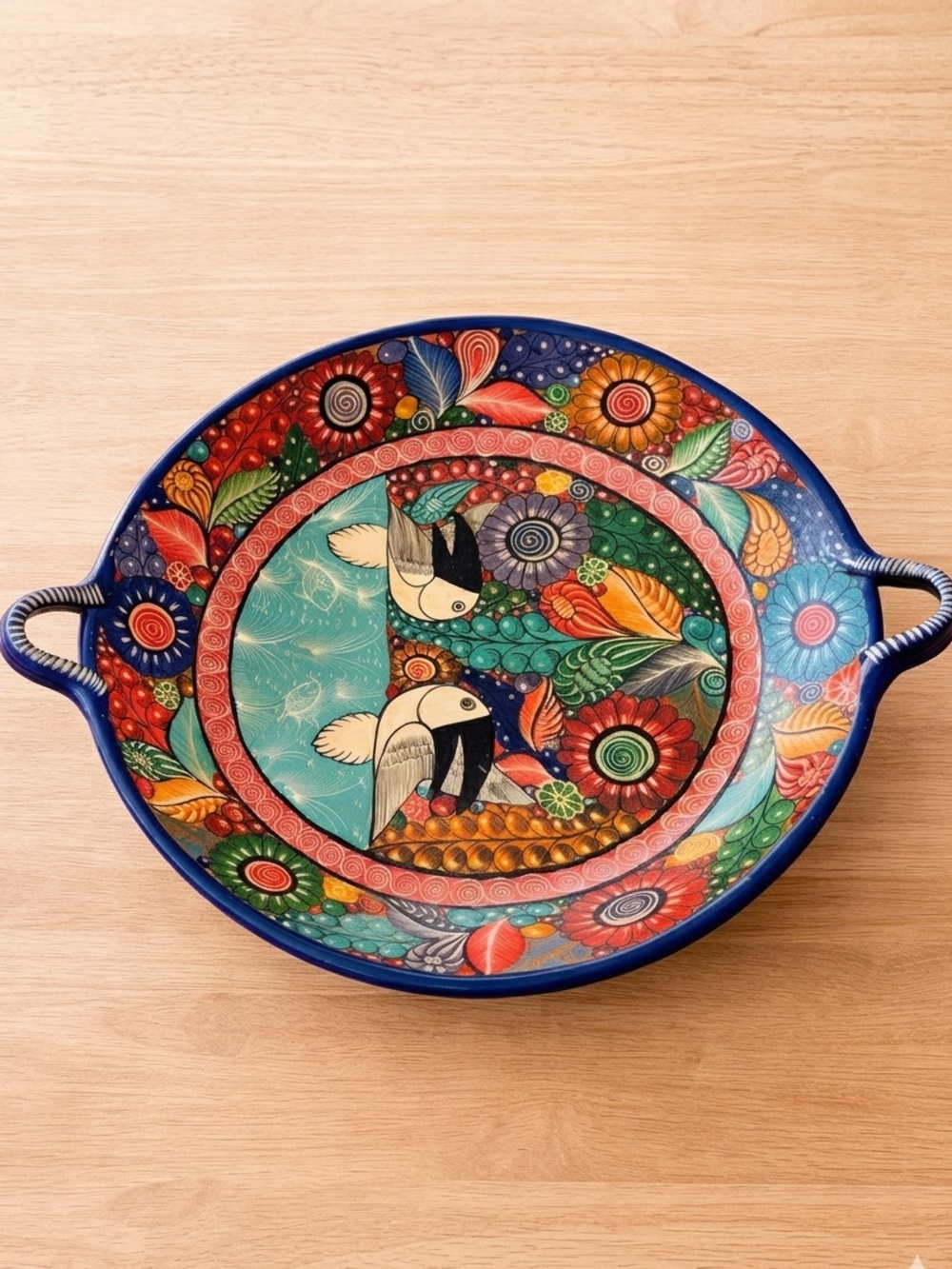 Vintage Tonala Pajaros Folk Art Pottery Terracotta Hand Painted Bowl 13 Inches
